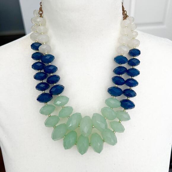 Chunky navy, seafoam, and white beaded multistrand dramatic statement necklace - Picture 1 of 5